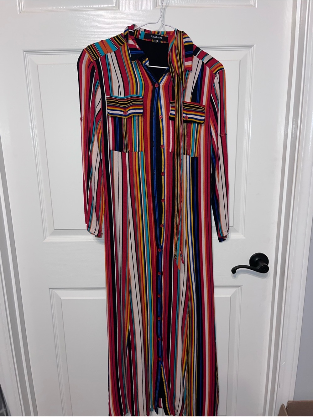 Sugar + Lips Multi-Stripe Long Button-Front Shirt Dress - Vibrant Stripe